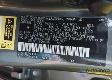 2012 Toyota Highlander Base V6 z USA, uszkodzony, nr VIN 5TDZK3EH9CS088081